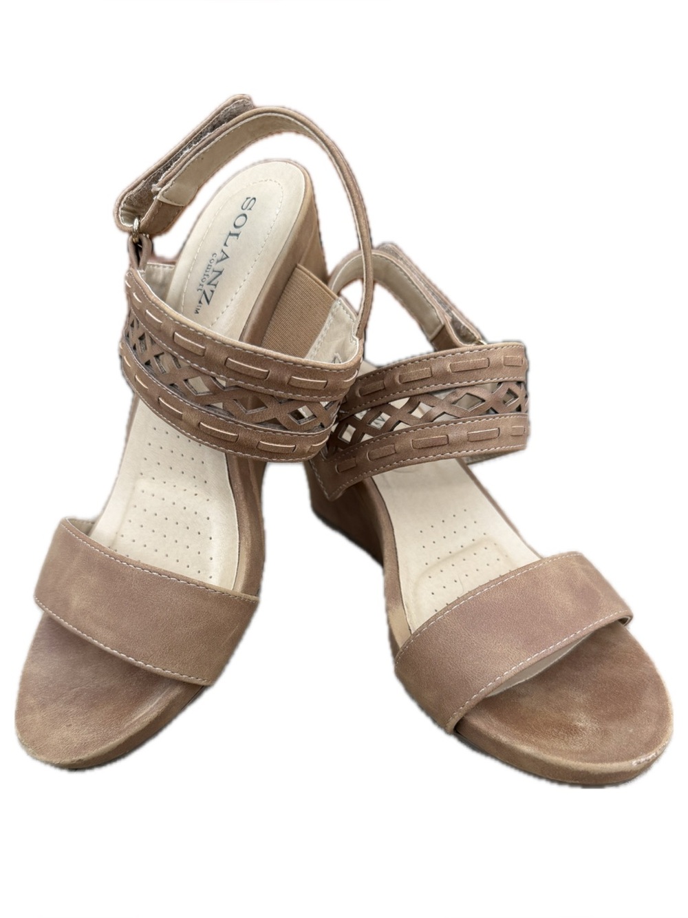 Solanz Wedge Sandals in Tan with Laser-Cut Straps (8.5)